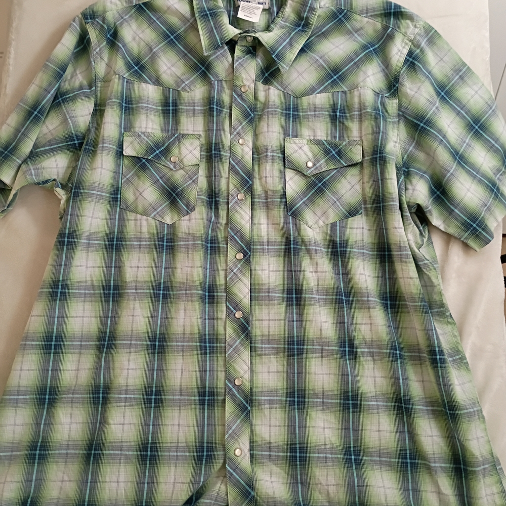 Wrangler Wrancher Green Plaid With Pearl Snaps Dress Shirt